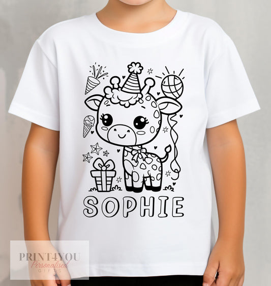 Personalised colour-in kids t-shirt with a Giraffe birthday design, size 1-2 years