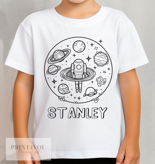 Personalised space planets colour-in kids t-shirt with custom printed name, size 1-2 years