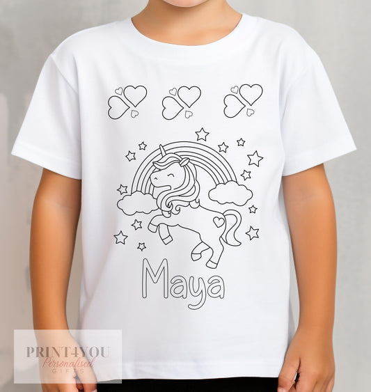 Personalised unicorn colour-in activity t-shirt, 1-2 years size, with custom name and washable pens