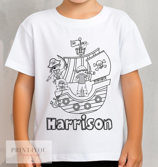 Personalised pirate ship colour-in kids t-shirt printed with a child's name, size 1-2 years