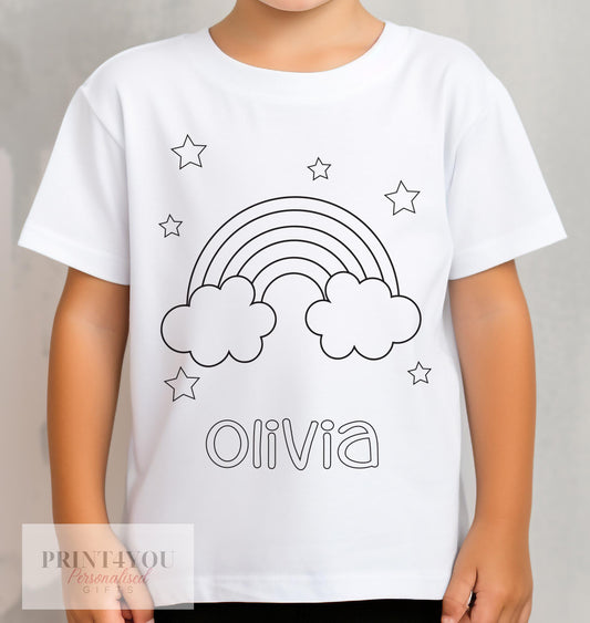 Personalised Rainbow colour-in kids t-shirt with custom name and washable pens, size 1-2 years