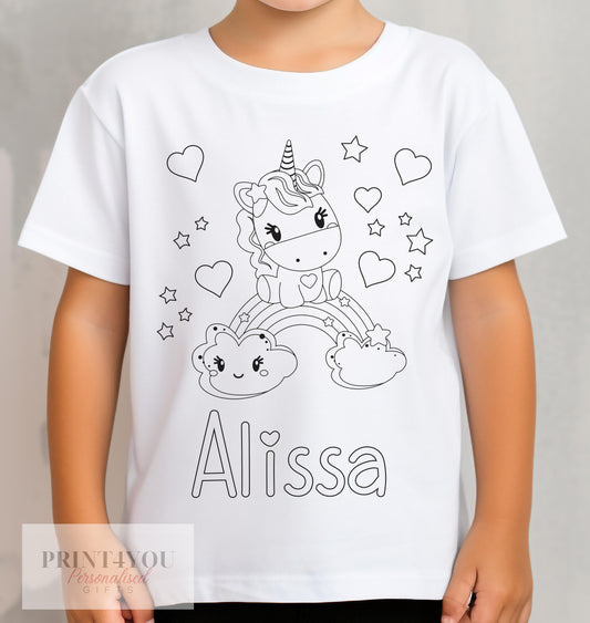White kids t-shirt printed with a colour-in unicorn design and personalised name, size 1-2 years