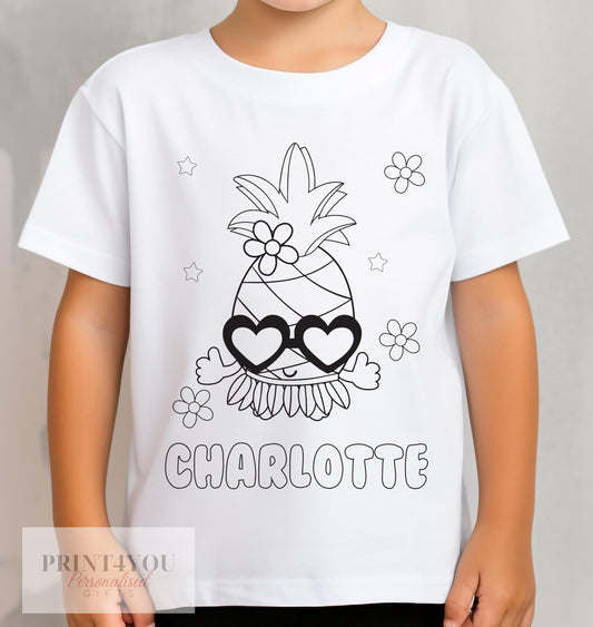 Personalised pineapple colour-in kids t-shirt with custom name, size 1-2 years