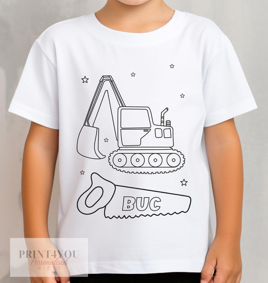 Personalised builder and digger colour-in kids t-shirt in white cotton, size 1-2 years, unfilled outline design