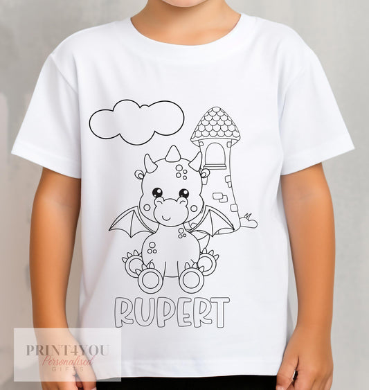 Personalised dragon and castle colour-in kids t-shirt in white cotton, size 1-2 years