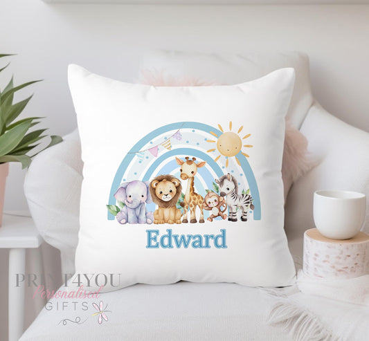 Personalised blue rainbow safari cushion cover, 40 x 40cm, cover only