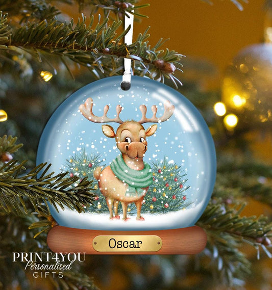 Personalised acrylic Christmas bauble featuring a Snowman and Snowlady pair design, personalised with a custom name