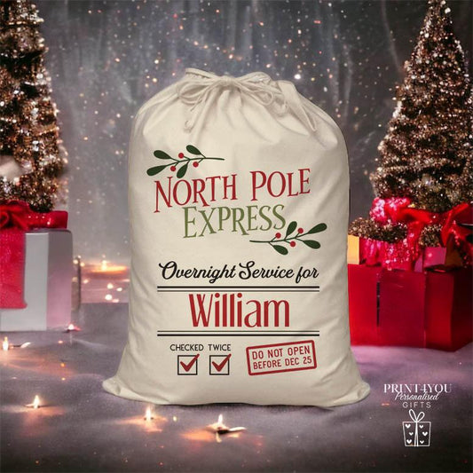 Personalised Christmas Santa sack with North Pole Express design and custom name on the front
