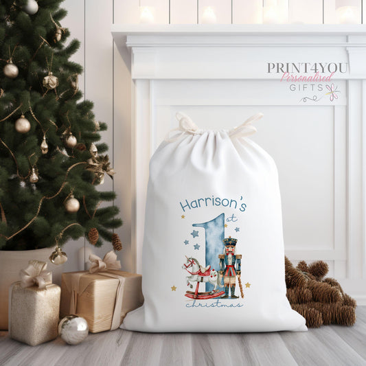 Personalised Santa sack in cream canvas, printed with a custom name on the front, one side shown