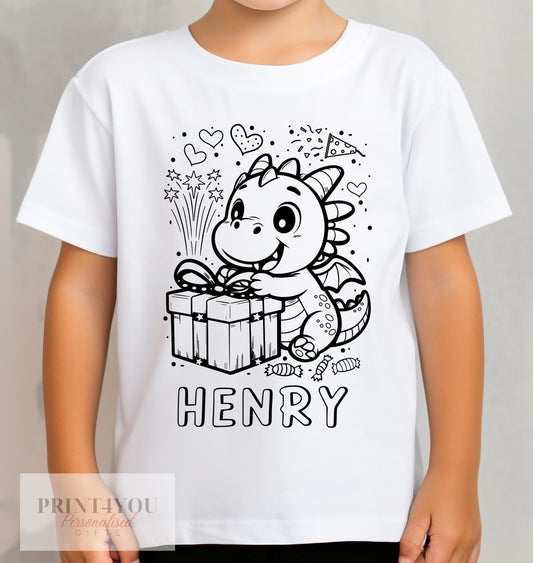 Personalised Dinosaur birthday colour-in kids t-shirt in size 1-2 years, shown with custom name on the front