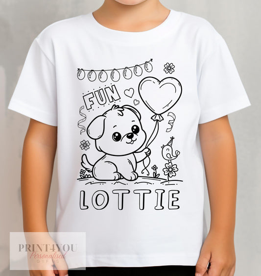 Personalised Puppy Dog colour-in kids t-shirt with custom name and washable pens, size 1-2 years