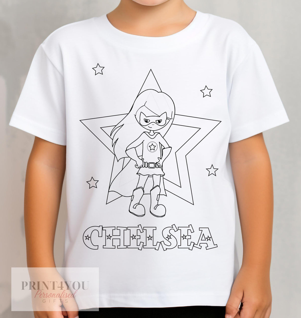 Personalised kids t-shirt with colour-in super hero girl design and washable pens, size 1-2 years