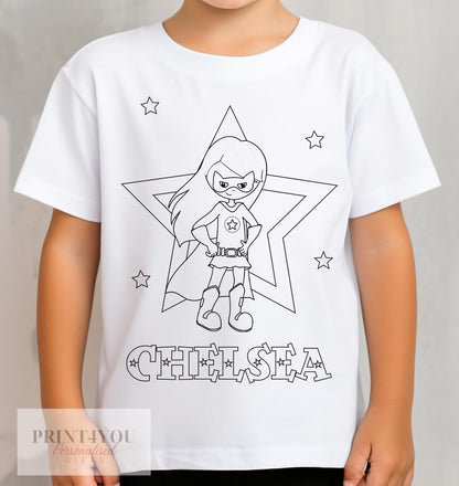 Personalised kids t-shirt with colour-in super hero girl design and washable pens, size 1-2 years