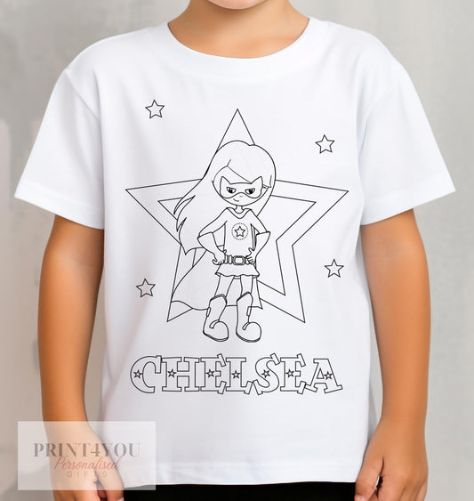 Personalised kids t-shirt with colour-in super hero girl design and washable pens, size 1-2 years