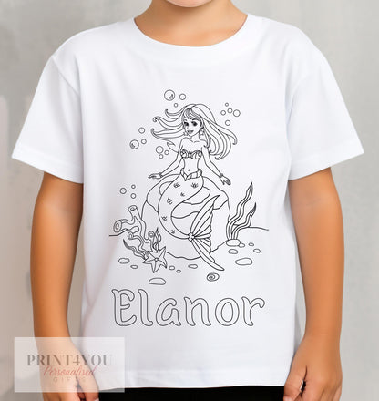 Personalised kids mermaid colour-in t-shirt, ocean design, with washable pens, size 1-2 years