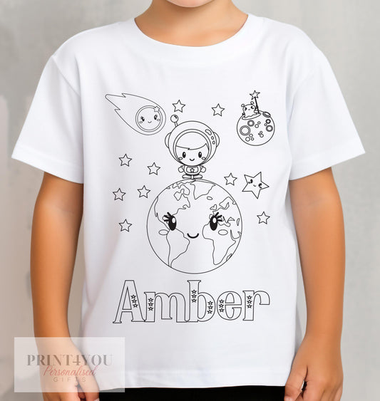 Personalised Space Solar System colour-in kids t-shirt with custom name and washable pens, size 1-2 years
