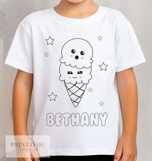 Personalised colour-in kids t-shirt with a Summer Ice Cream design, size 1-2 years