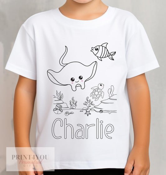 Personalised under the sea manta ray colour-in t-shirt for kids with custom name, size 1-2 years