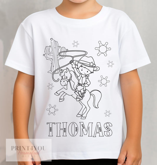 Personalised cowboy colour-in kids t-shirt with custom name, size 1-2 years