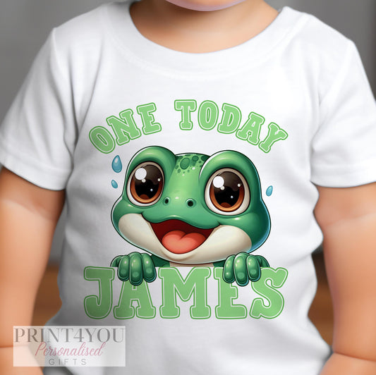 Personalised frog birthday t-shirt with custom age number and name, green frog design