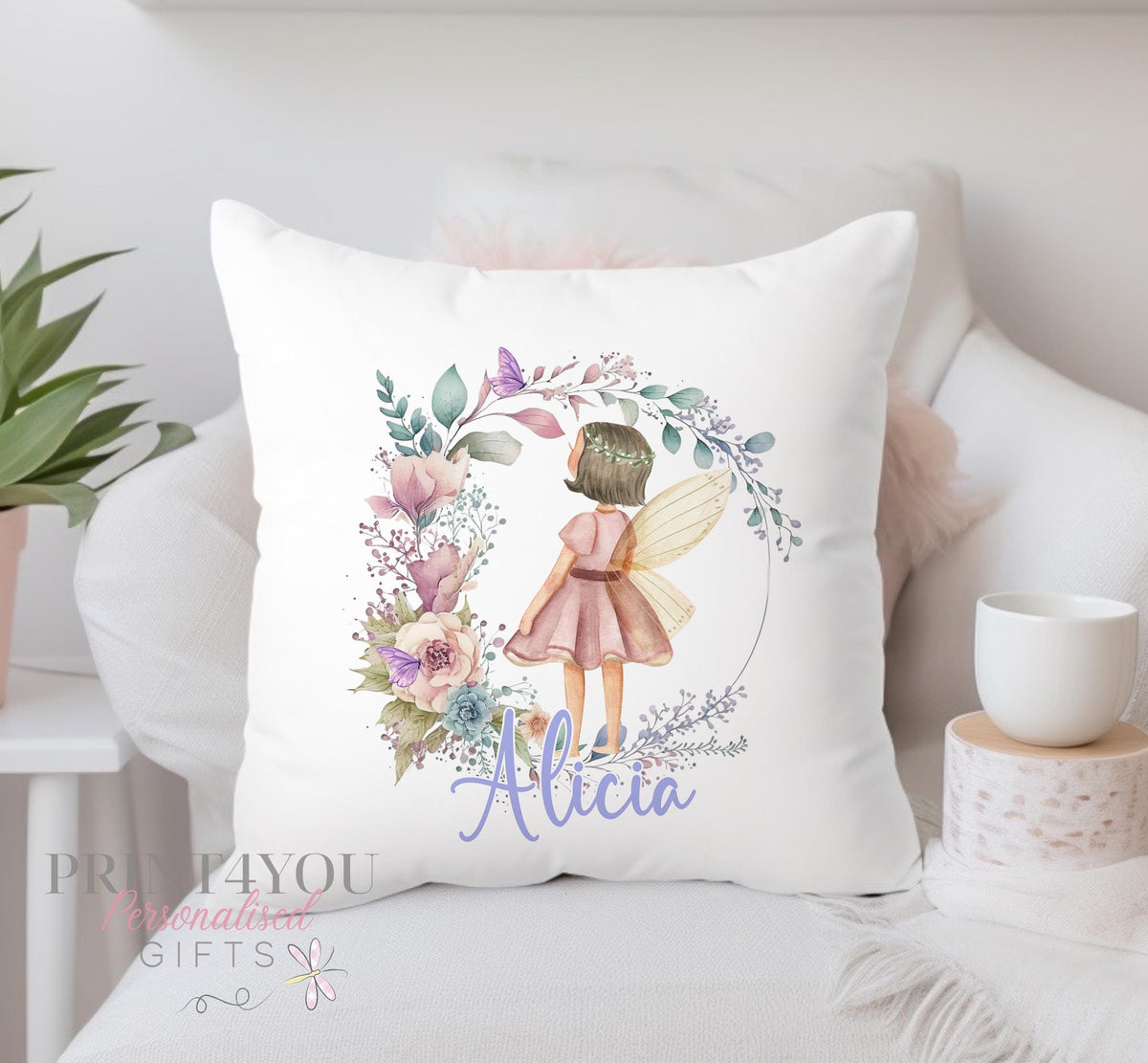 Personalised fairy and flower cushion with insert included, soft washable 40 x 40cm