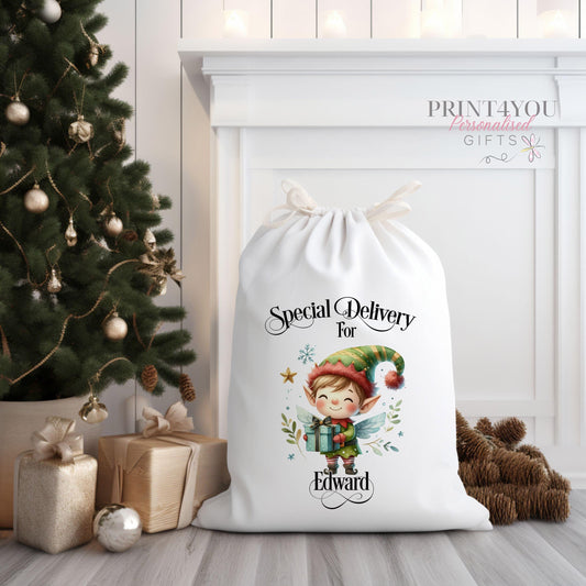 Large canvas Santa sack with drawstring closure, personalised with a custom name