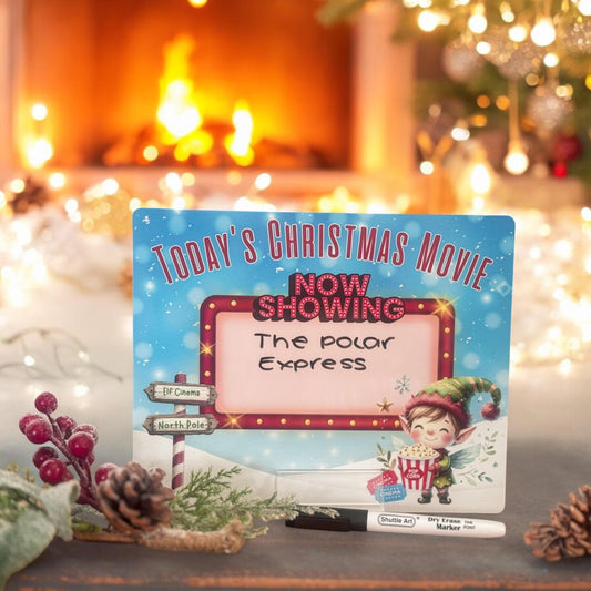 Aluminium wipe-clean Christmas movie night countdown board with festive film-list design