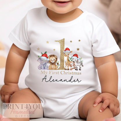 Personalised first Christmas gold-effect safari jungle T-shirt for baby.