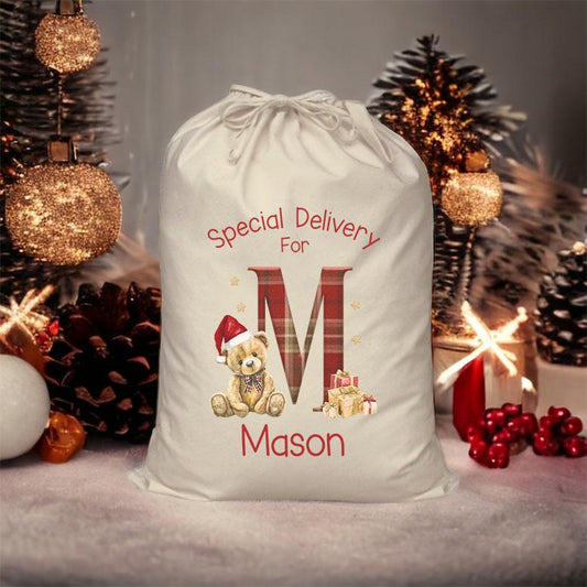 Personalised Santa sack, small drawstring Christmas gift bag, 30x40cm