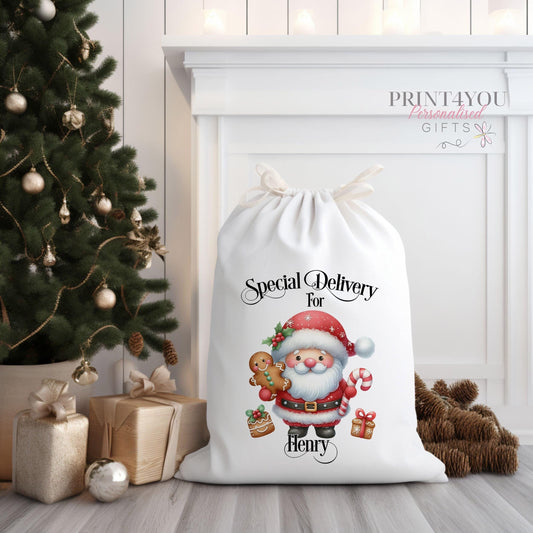 Cream canvas Christmas santa sack personalised with a name, featuring a Gingerbread Man Santa design and drawstring closure, 70 x 50cm