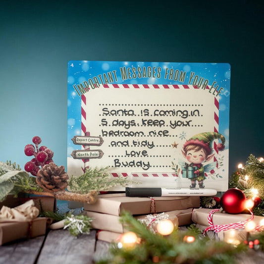 Christmas Elf memo board, wipe-clean aluminium countdown board with festive elf design.