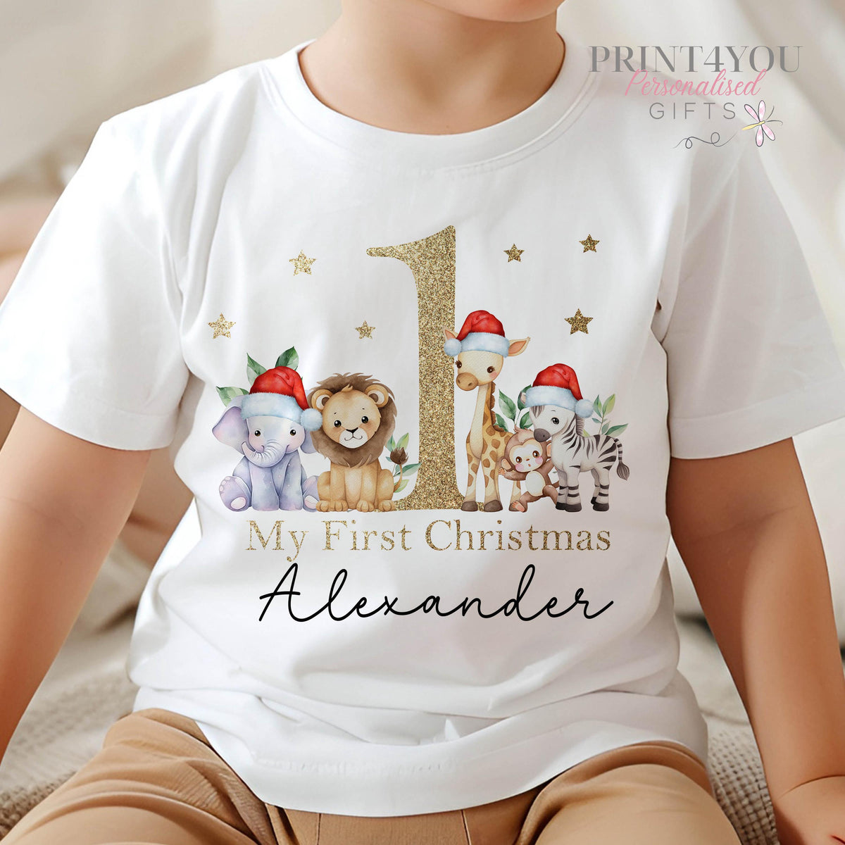 Personalised first Christmas gold-effect safari jungle sleepsuit with popper fastenings.