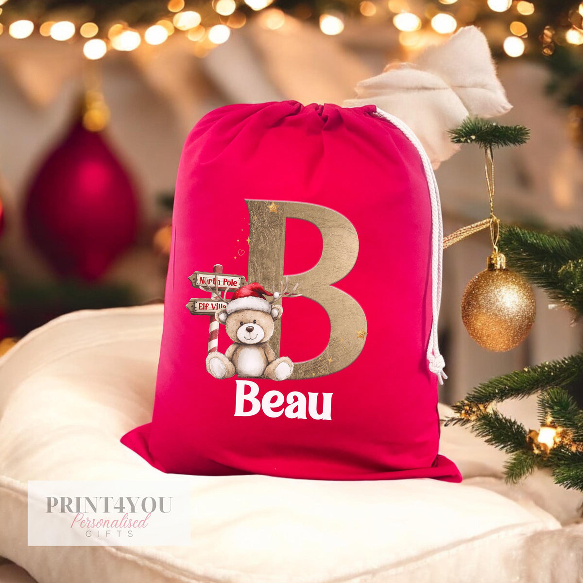 Personalised red Christmas sack with Reindeer and Teddy Bear design and custom name printed on the front