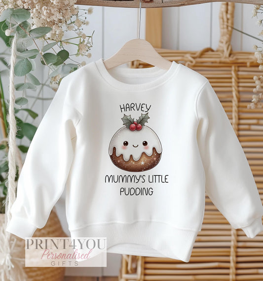 Personalised Christmas pudding design on a kids cotton sweatshirt, size 6-12 months.