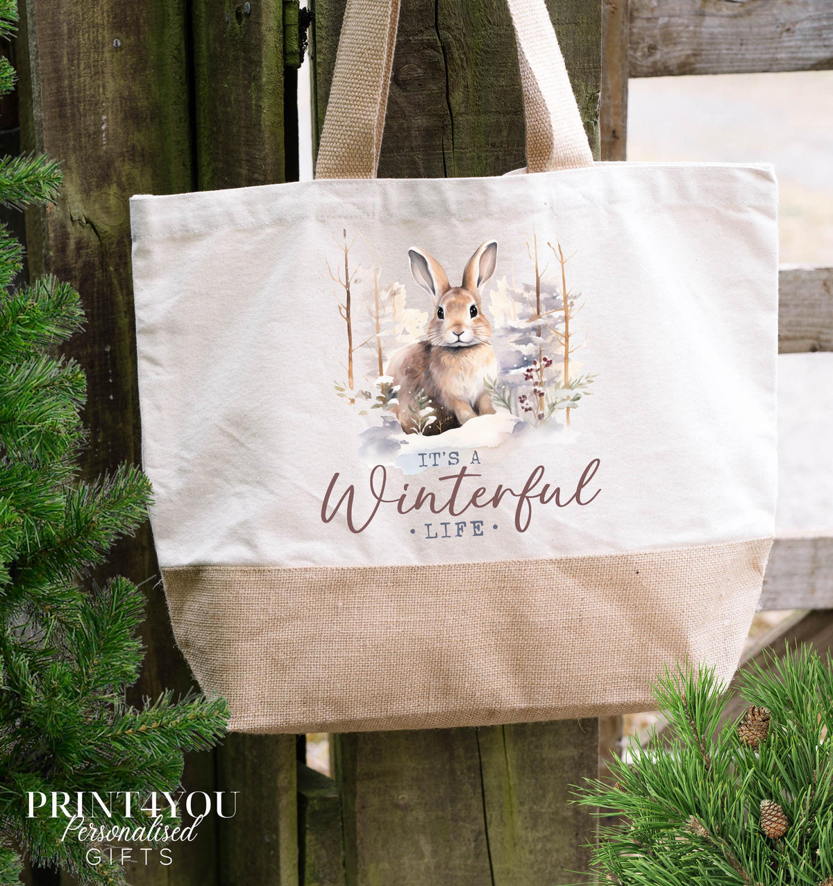 Bunny design cotton jute tote bag with printed alongside the design