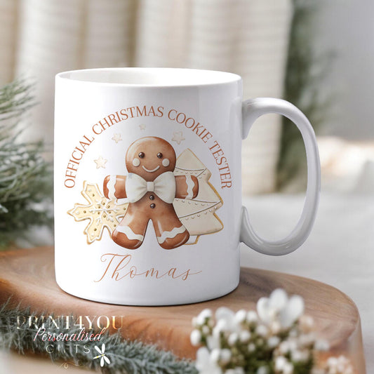 Personalised Gingerbread Man Christmas mug in brown ceramic, custom name cookie tester cuppa design