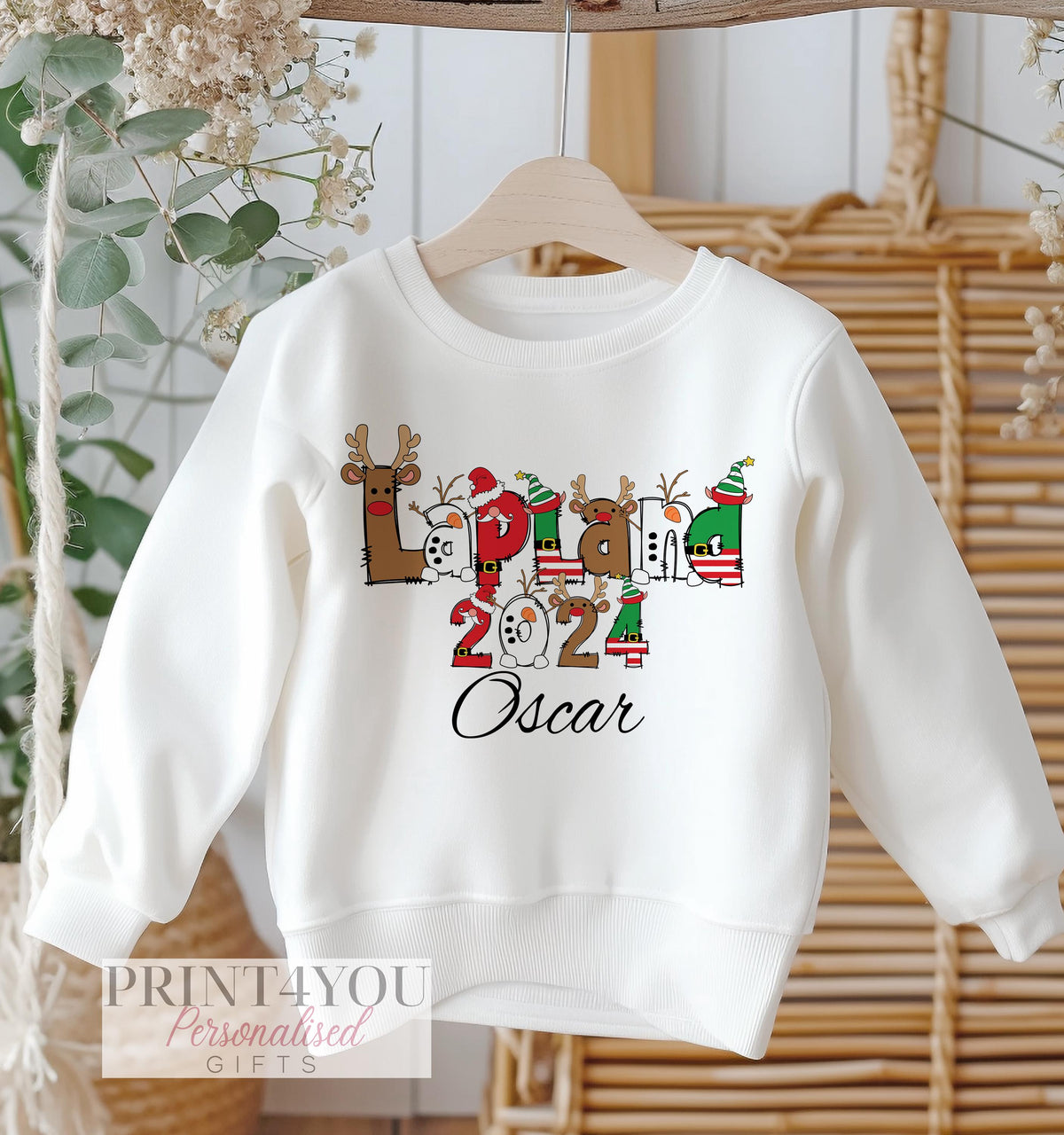 Personalised Lapland 2024 Christmas Jumper – White Cotton Sweatshirt for Childrens - 4-5 UK (age)