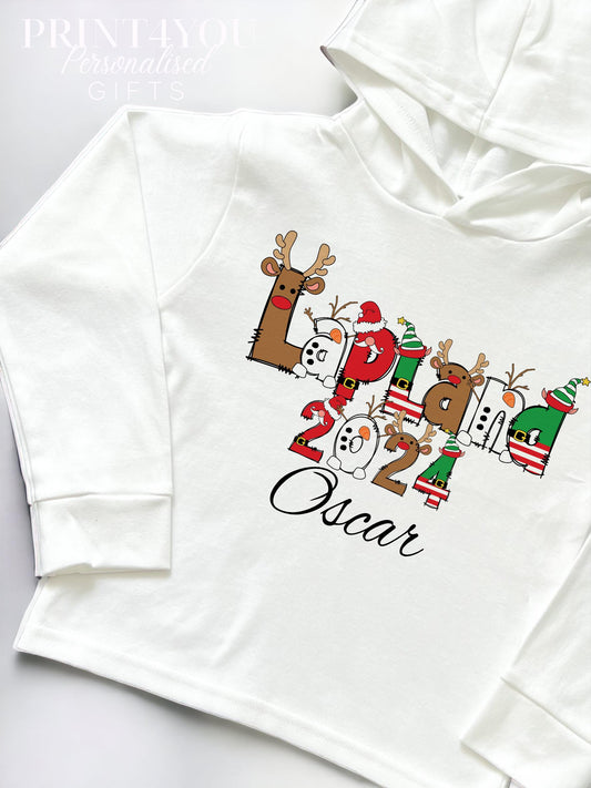 Personalised Lapland Christmas hooded top with custom name, long-sleeve cotton jersey, size 6-12 months