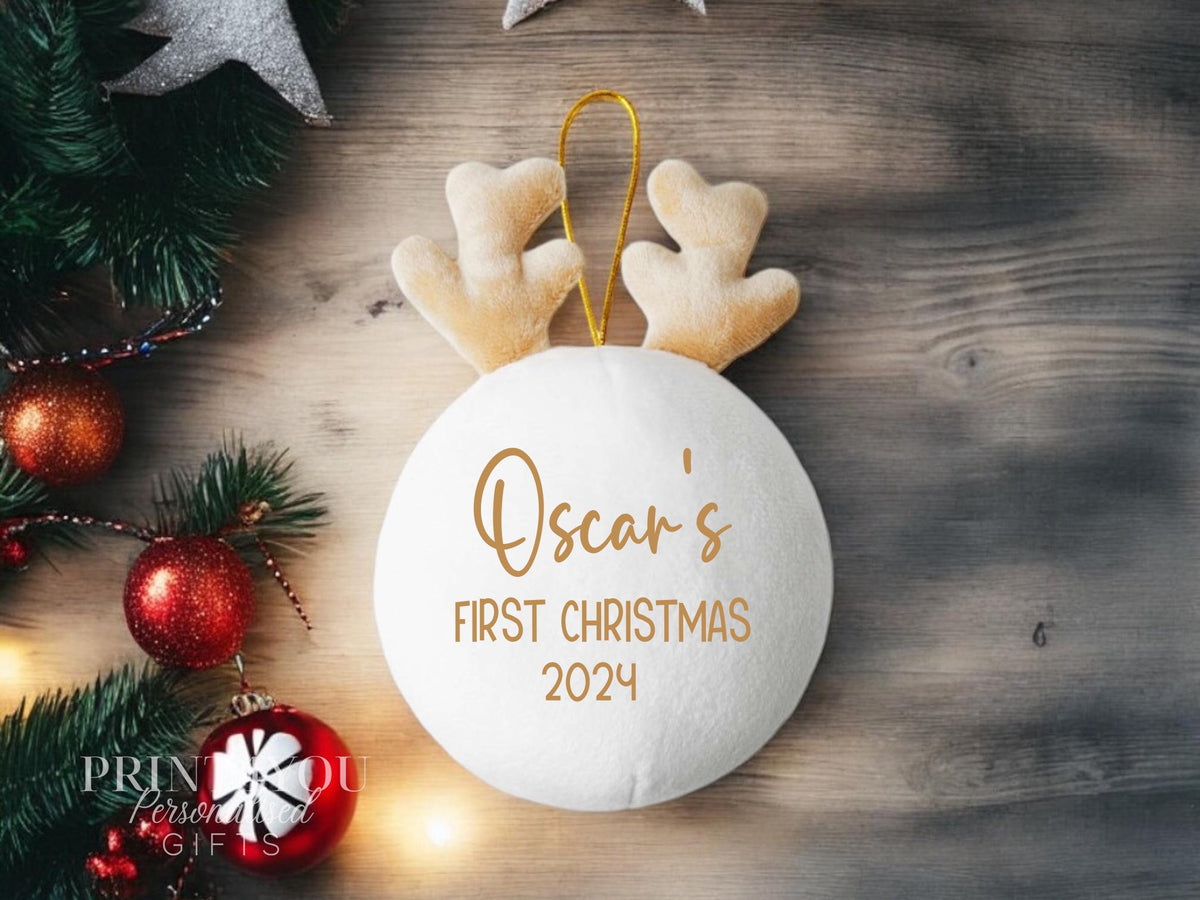Personalised white plush Christmas bauble with gold reindeer antlers, Name only personalisation option