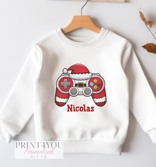 Personalised kids Santa Gaming Controller Christmas jumper in white cotton, size 6-12 months, with custom name on the front.