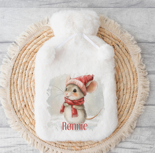 Personalised cute mouse fluffy Christmas hot water bottle with custom name, shown without the gift box add-on
