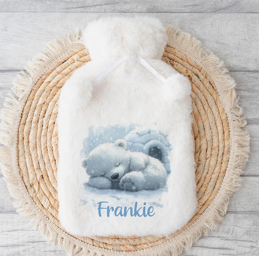 Personalised polar bear fleece hot water bottle cover with custom name, cover only (no thanks option)
