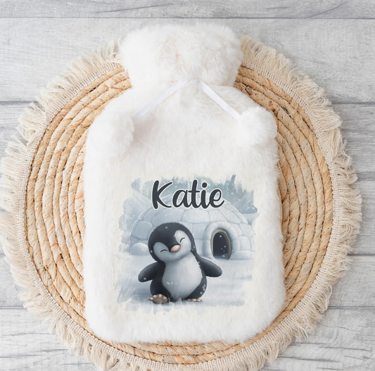 Personalised fluffy penguin Christmas hot water bottle with custom name, without gift box