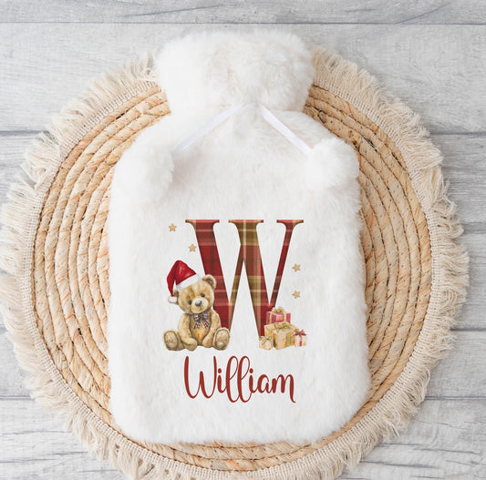 Personalised Tartan Bear hot water bottle cover, No Thanks option without gift box