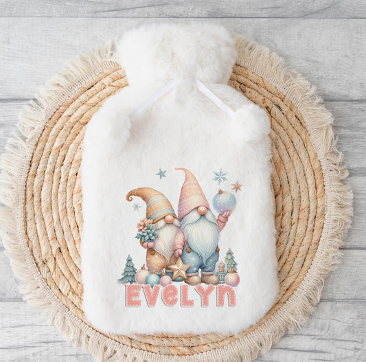 2 litre hot water bottle in a pastel Christmas gnome cover, personalised with a name, without gift box