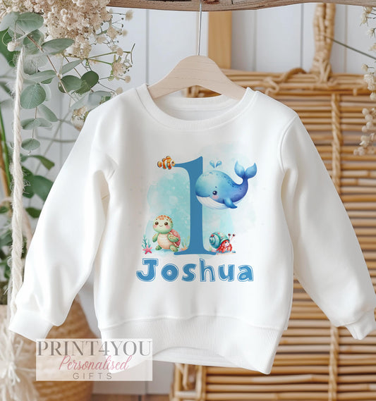 Blue long-sleeve baby sweatshirt with an under-the-sea design and personalised name, size 6-12 months