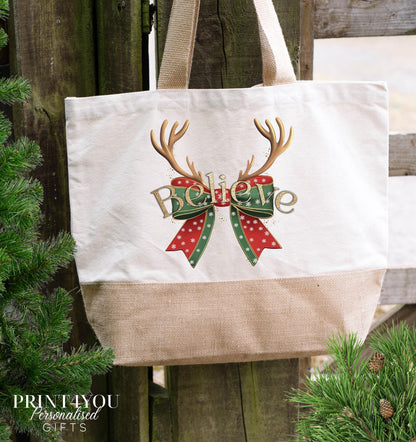 Reindeer print Christmas tote bag in cotton jute with