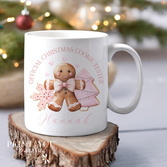 Personalised Gingerbread Man Christmas mug in brown, printed with a custom name and Official Christmas Cookie Tester