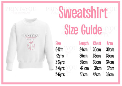 White cotton Christmas sweatshirt personalised with a custom name, size 1-2 years