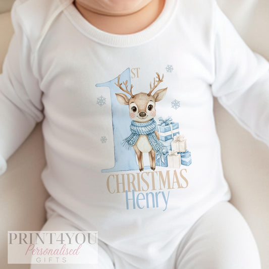 Personalised blue reindeer baby bib for baby's first Christmas, printed with a custom name